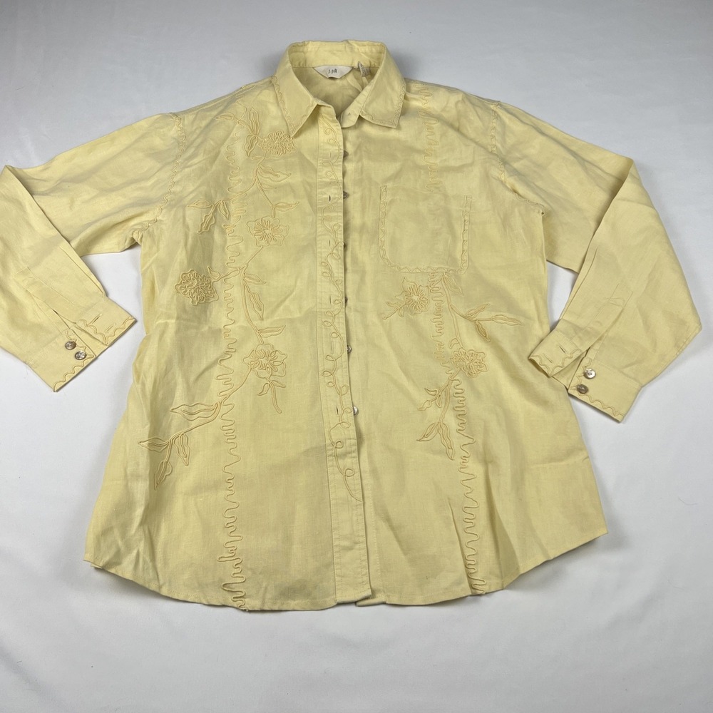 J. Jill 100% Linen Yellow Button Down Blouse Romantic Floral Embroidery Size XSP